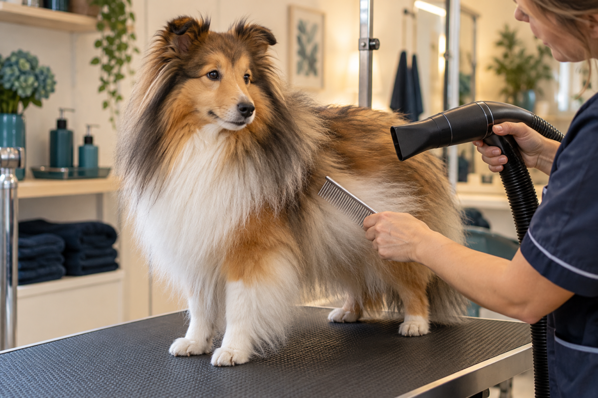 Langhaarhund beim Föhnen und Kämmen – Beispielbild