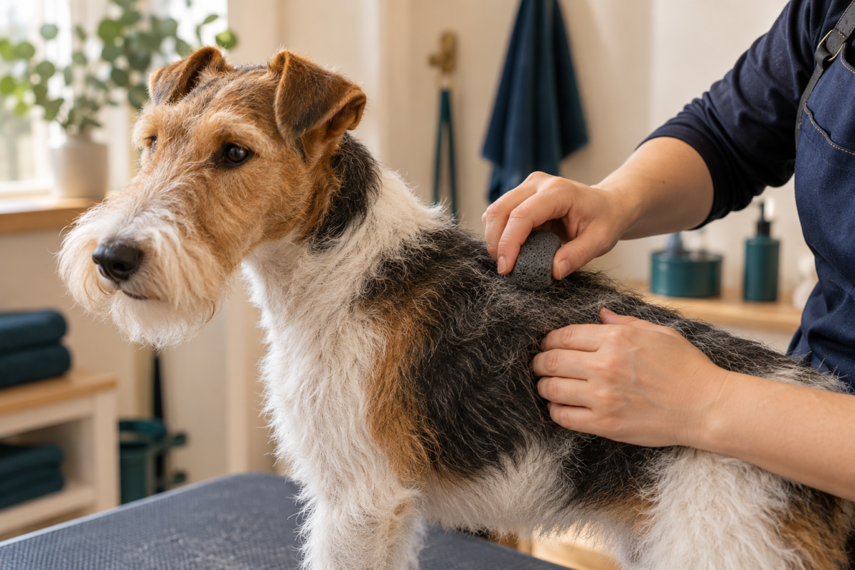 Rauhaarhund beim Handtrimmen mit Trimmstein – Beispielbild