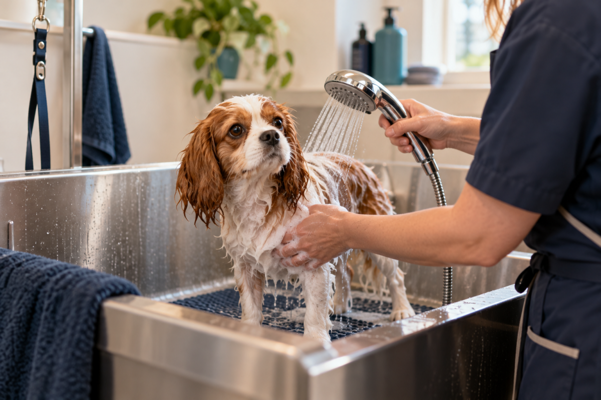 Hund in der Badewanne – Beispielbild